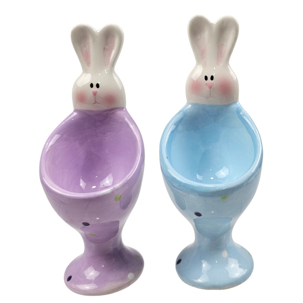 Studio 33 Ceramic Bunny Egg Cup Set Pastel Blue Purple Polka Dot Easter 2pc